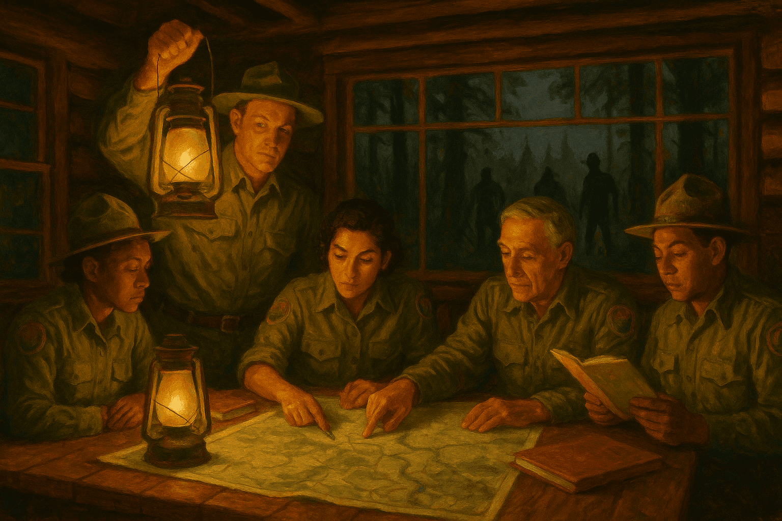 FundScout ranger team planning at headquarters, shadowy figures lurking outside
