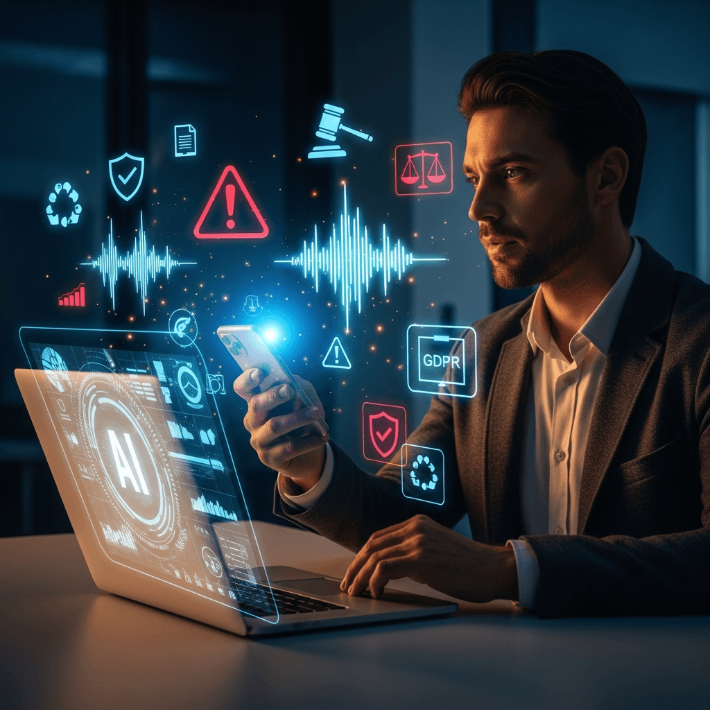 Sales professional at a desk looking at an AI interface on a laptop, digital waveforms and warning symbols in the air