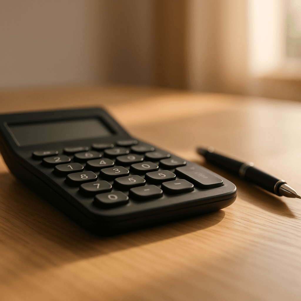 Calculator and financial documents on a desk showing loan rate calculations