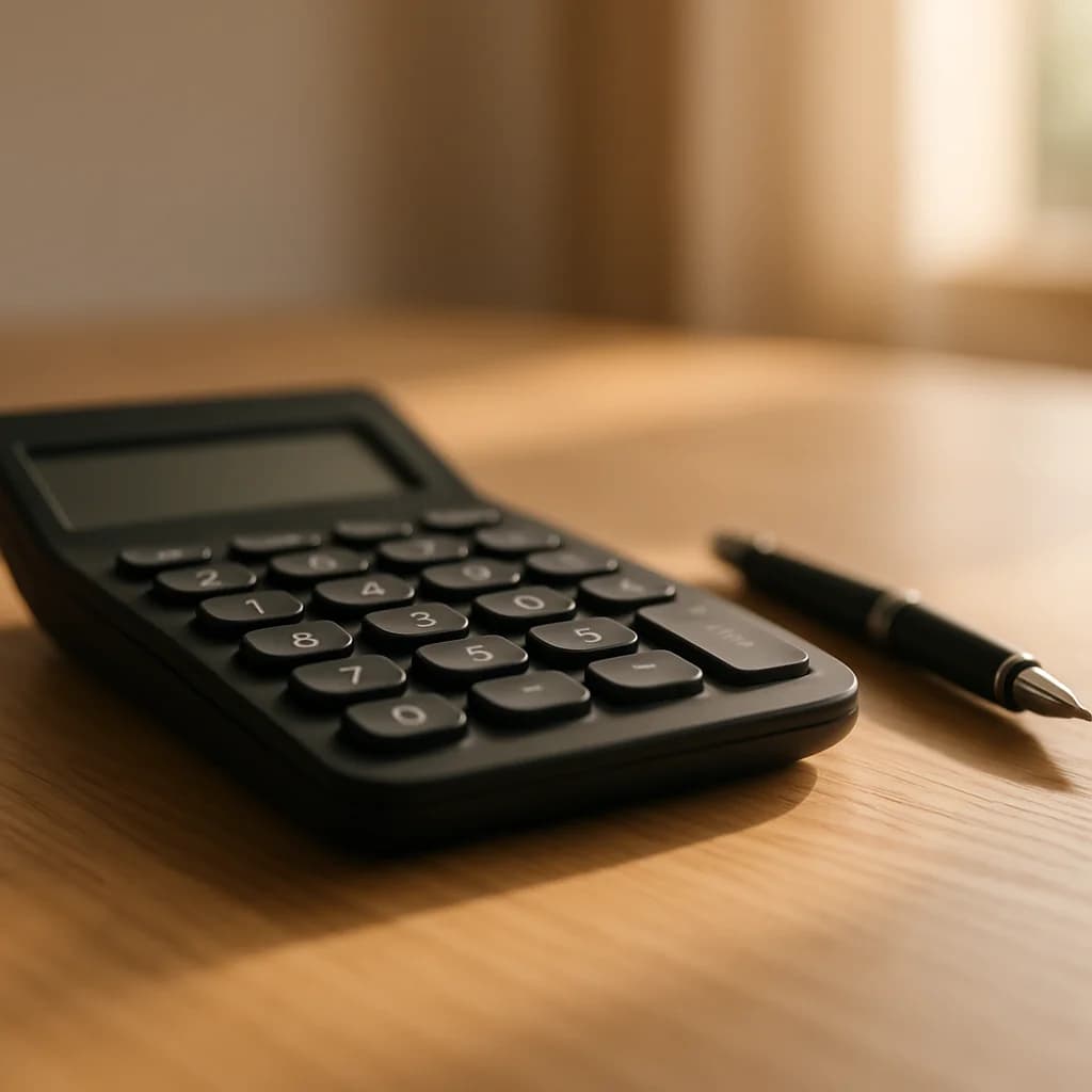 Calculator and financial documents on a desk showing loan rate calculations