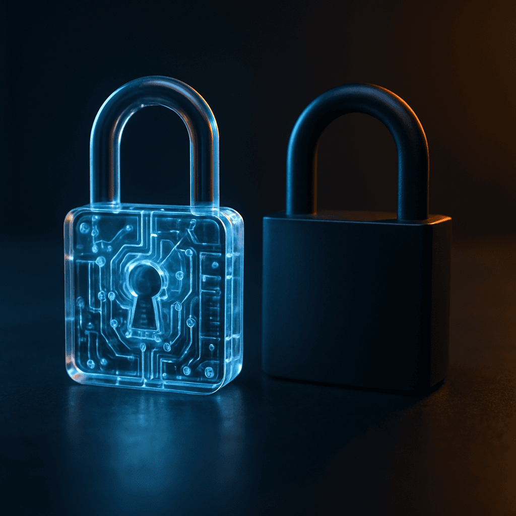 Abstract visualization of Bitcoin and Monero cryptographic address generation, privacy contrast