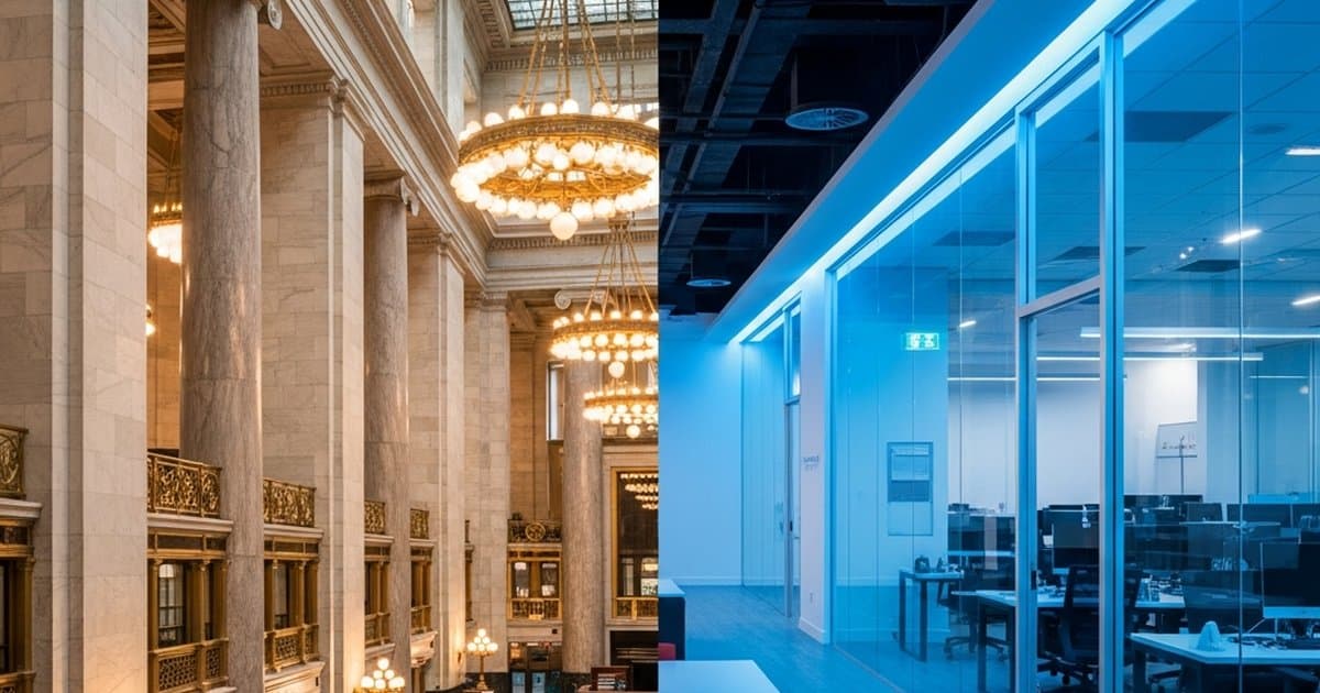 Two contrasting lending environments: a traditional bank marble lobby and a modern alternative lending office