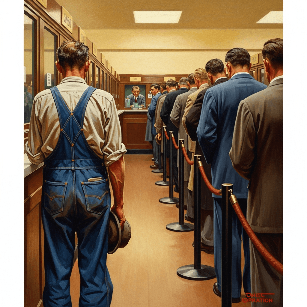 A working man standing at the back of a long bank line, money visible at the teller window far ahead of him, warm but slightly melancholy painterly Americana scene