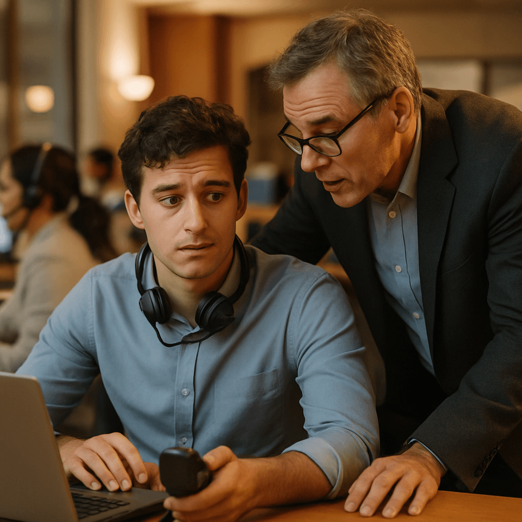 Young sales rep at a desk with a headset, looking thoughtfully at a phone, mentored by an older colleague