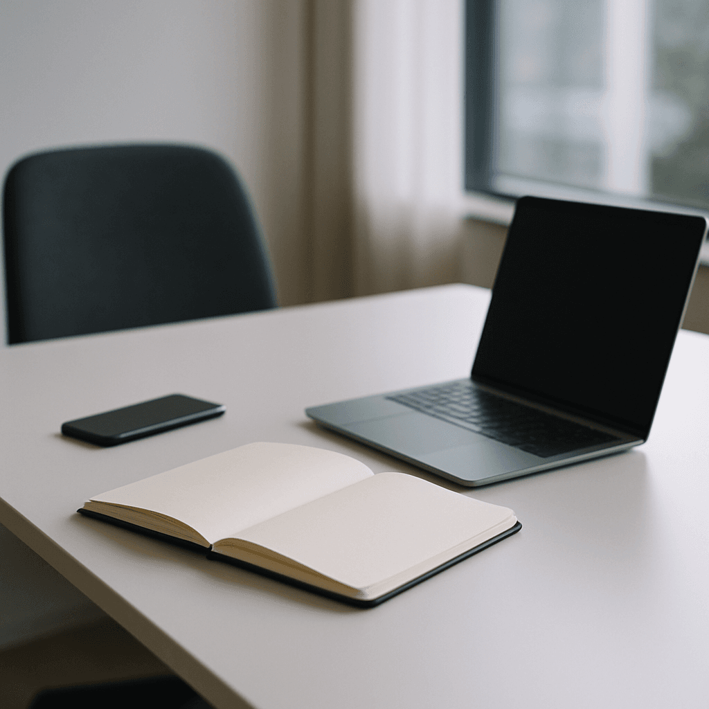 Sales rep at a desk with a phone and legal documents, looking at a laptop