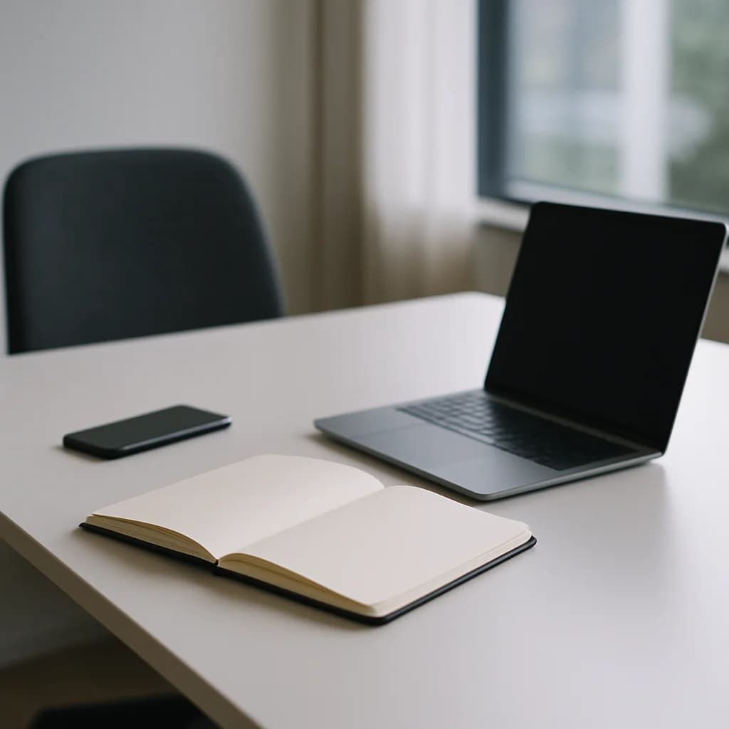 Sales rep at a desk with a phone and legal documents, looking at a laptop