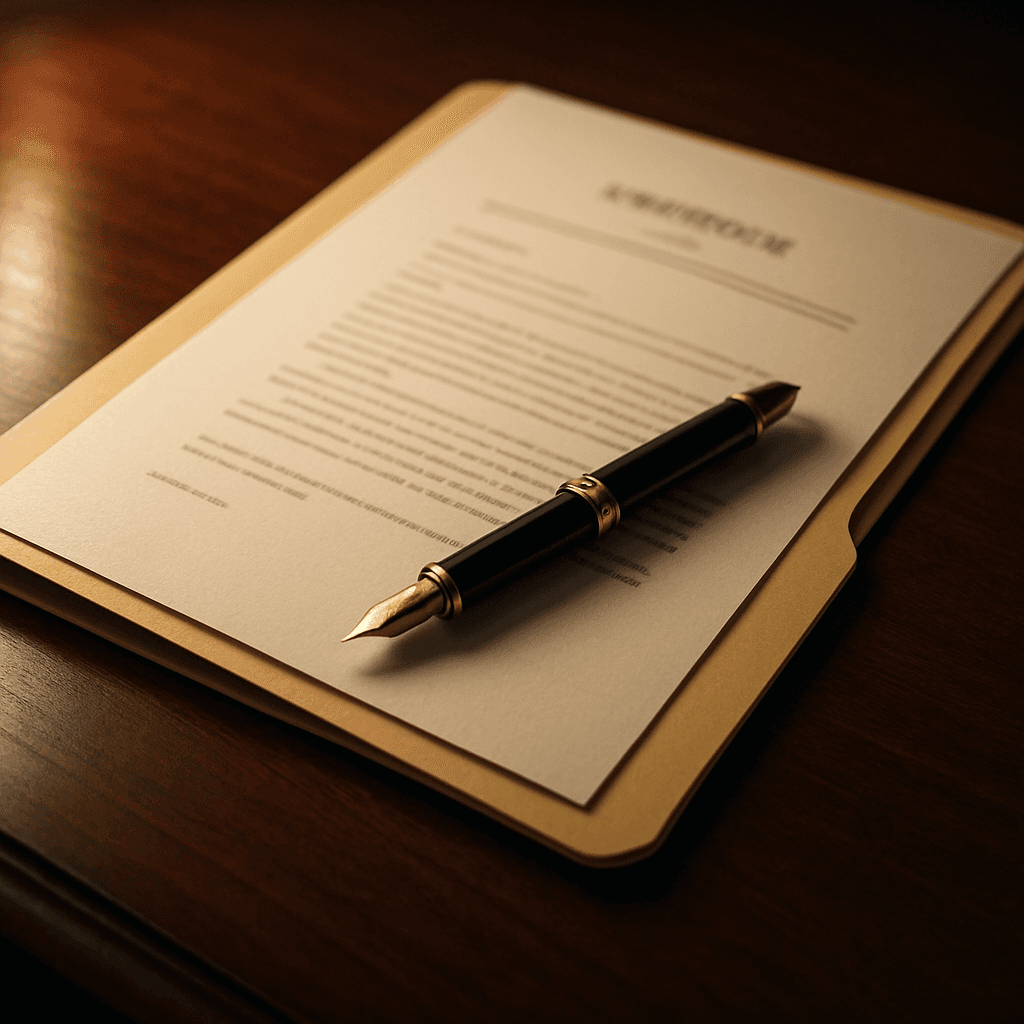 Business documents and legal forms on a desk with a pen and reading glasses