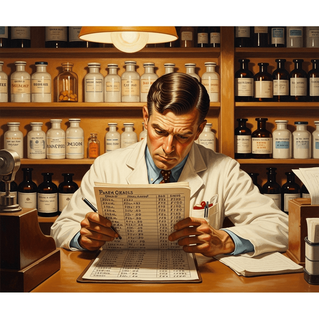 A 1940s pharmacist examining price lists at a counter with rows of labeled medicine bottles behind him, warm lamp light, painterly Americana style