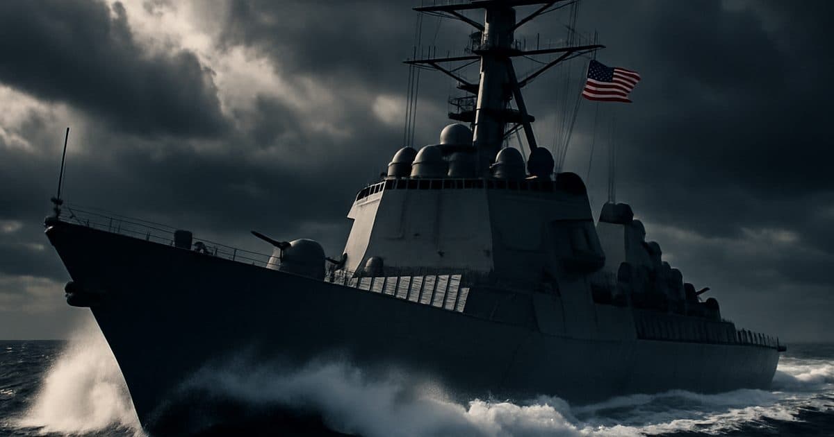 A modern American guided missile warship cutting through the North Atlantic under a stormy sky, American flag on the mast
