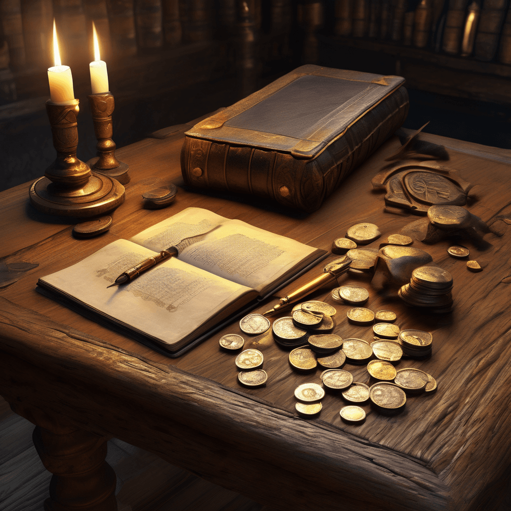 Ancient clay tablets and gold coins beside a quill and ledger book