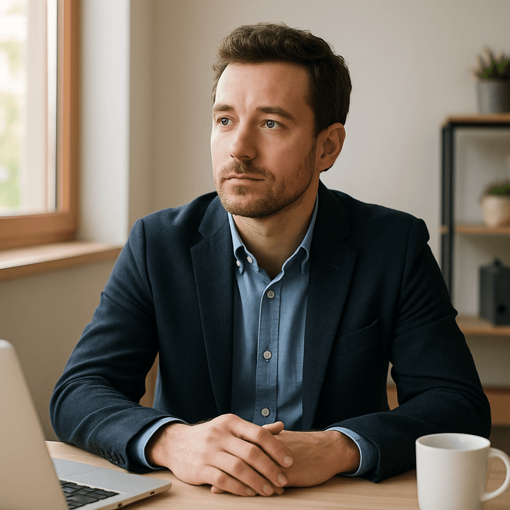 Business owner reviewing financing documents at a desk with a coffee cup and laptop