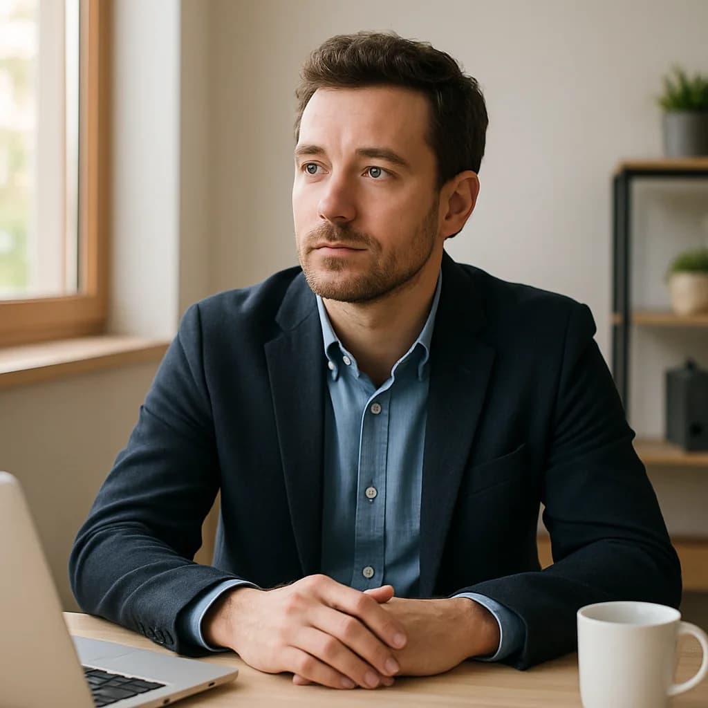Business owner reviewing financing documents at a desk with a coffee cup and laptop