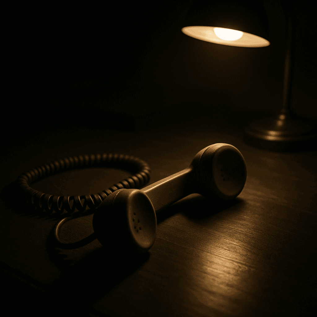 A telephone handset lying face-down on a desk, disconnected, in a dimly lit office