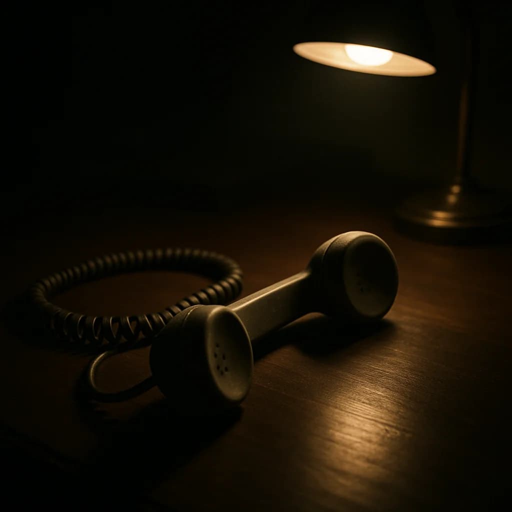 A telephone handset lying face-down on a desk, disconnected, in a dimly lit office