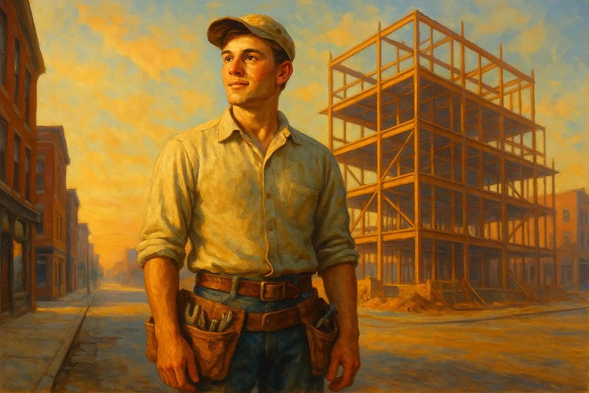 A returning citizen in work clothes standing at the edge of a city block at dawn, new construction rising behind him, warm morning light, painterly Norman Rockwell Americana style