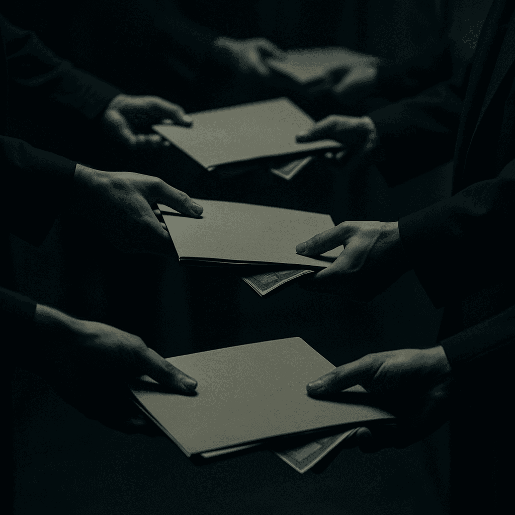Personal data file passed hand to hand through a chain of shadowy figures, each pocketing money