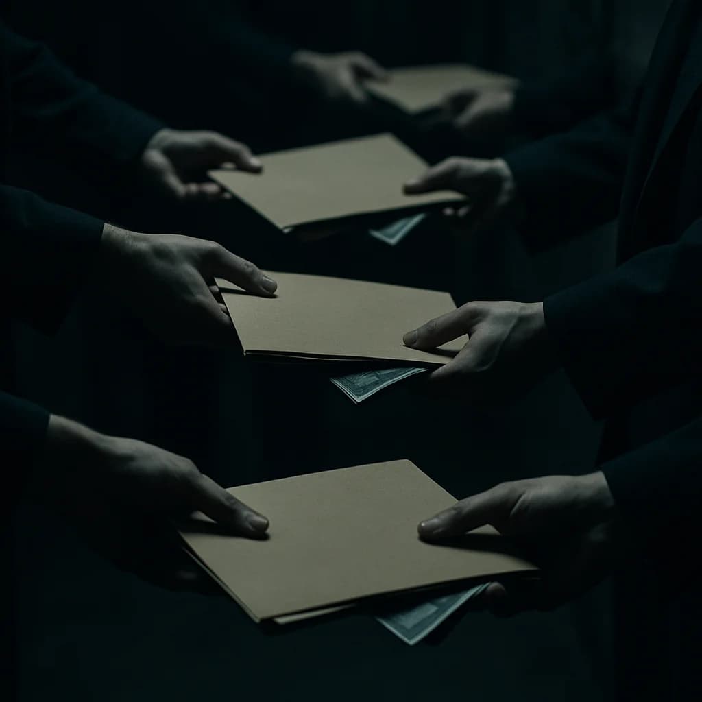 Personal data file passed hand to hand through a chain of shadowy figures, each pocketing money
