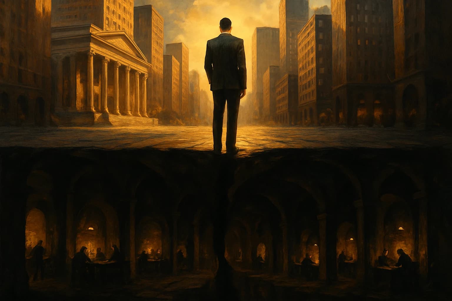 A city financial district split between sunlit bank towers above and a vast shadow lending network below, an analyst standing at the threshold between the two worlds
