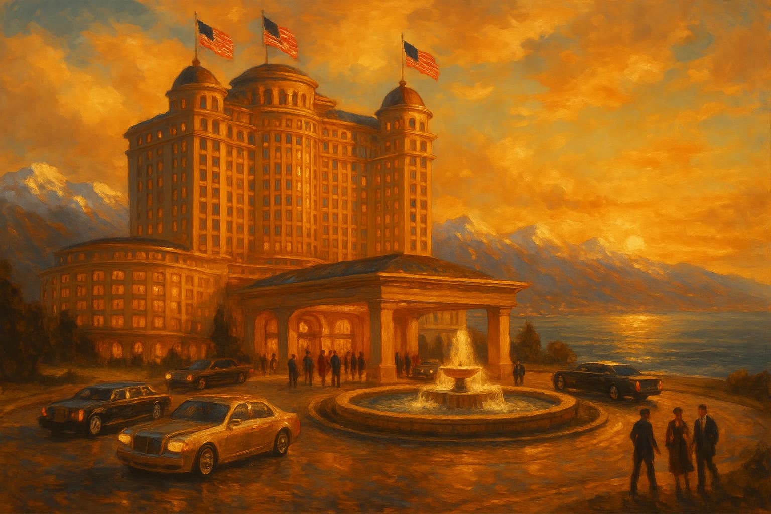 A gleaming casino resort on the Caspian coast at golden hour, American flags flying from the towers, painterly Americana style