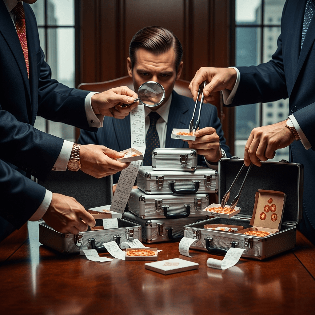 Wall Street traders in suits looking at screens showing merchant cash advance data, absurdist financial imagery