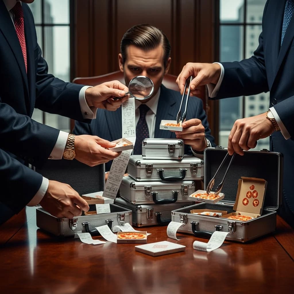 Wall Street traders in suits looking at screens showing merchant cash advance data, absurdist financial imagery