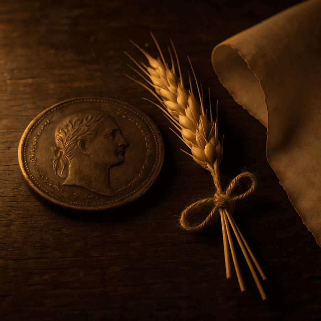 Old English coin beside a sheaf of wheat on aged parchment
