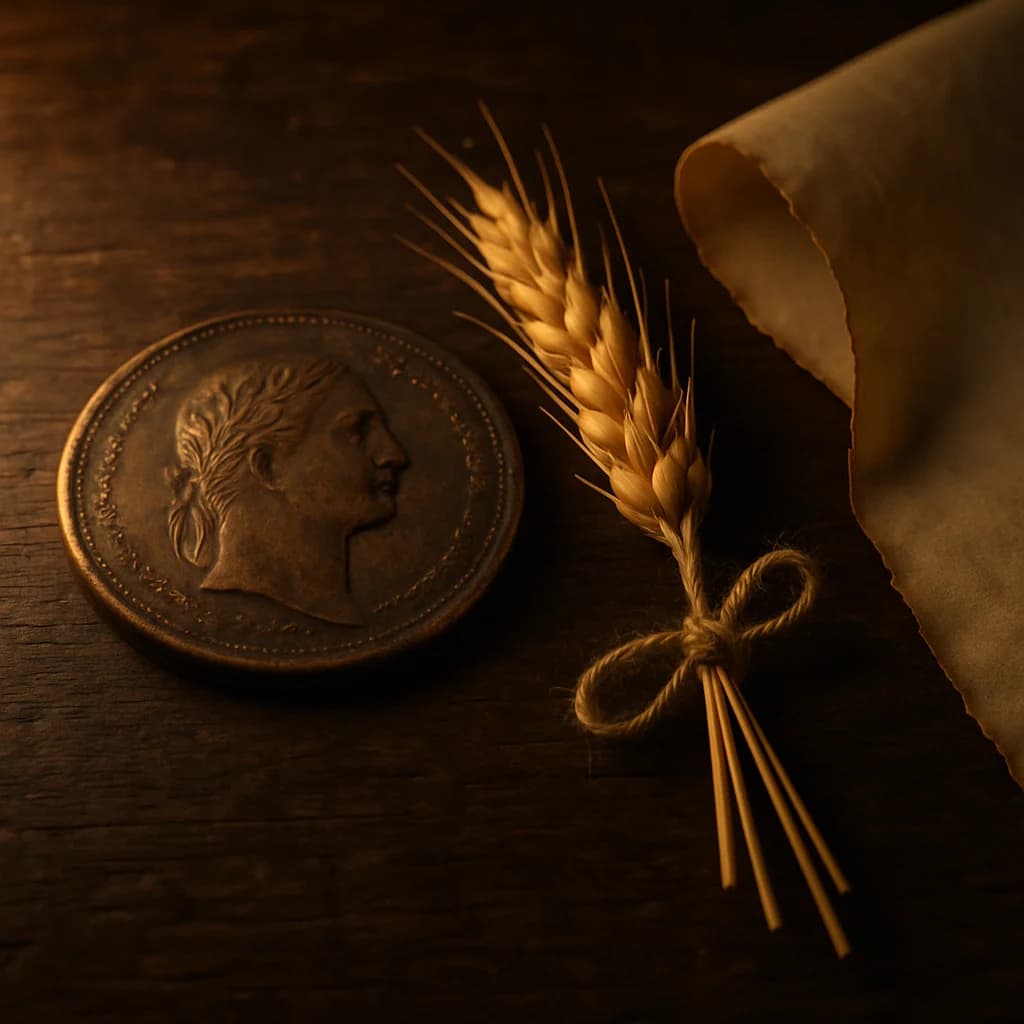 Old English coin beside a sheaf of wheat on aged parchment