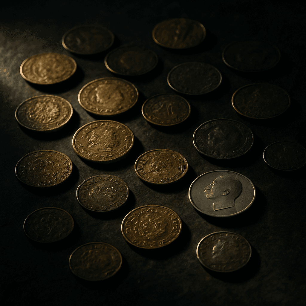 Ancient coins and modern currency side by side on a stone surface
