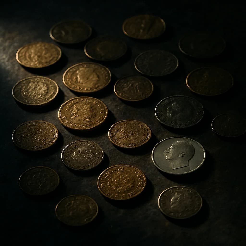 Ancient coins and modern currency side by side on a stone surface