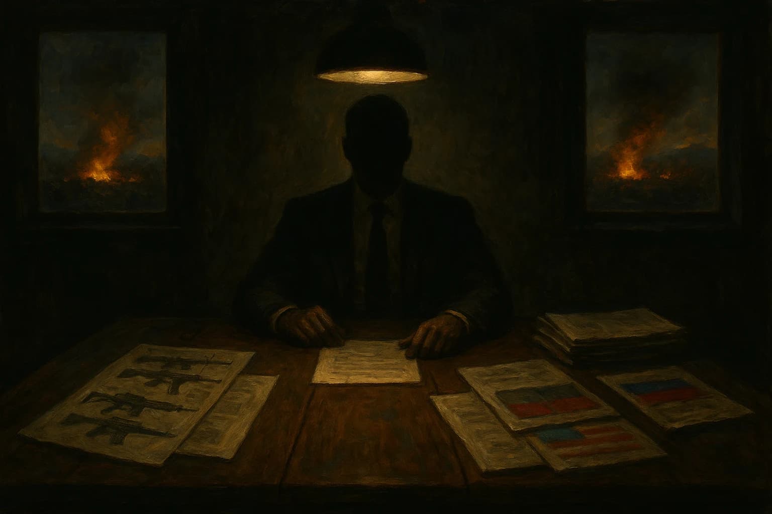Defense contractors in a boardroom, war maps on the wall, painterly Americana style