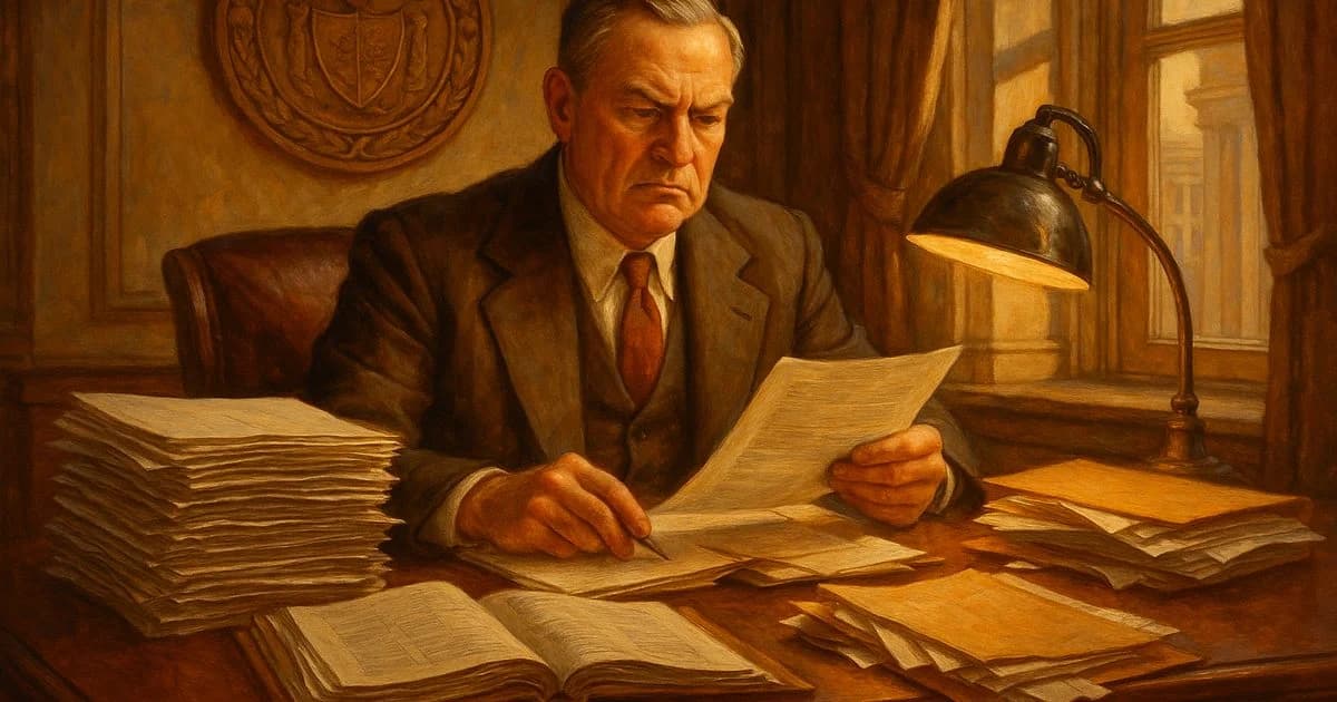 A state regulator reviewing commercial loan documents at a desk with a lamp and seal of authority