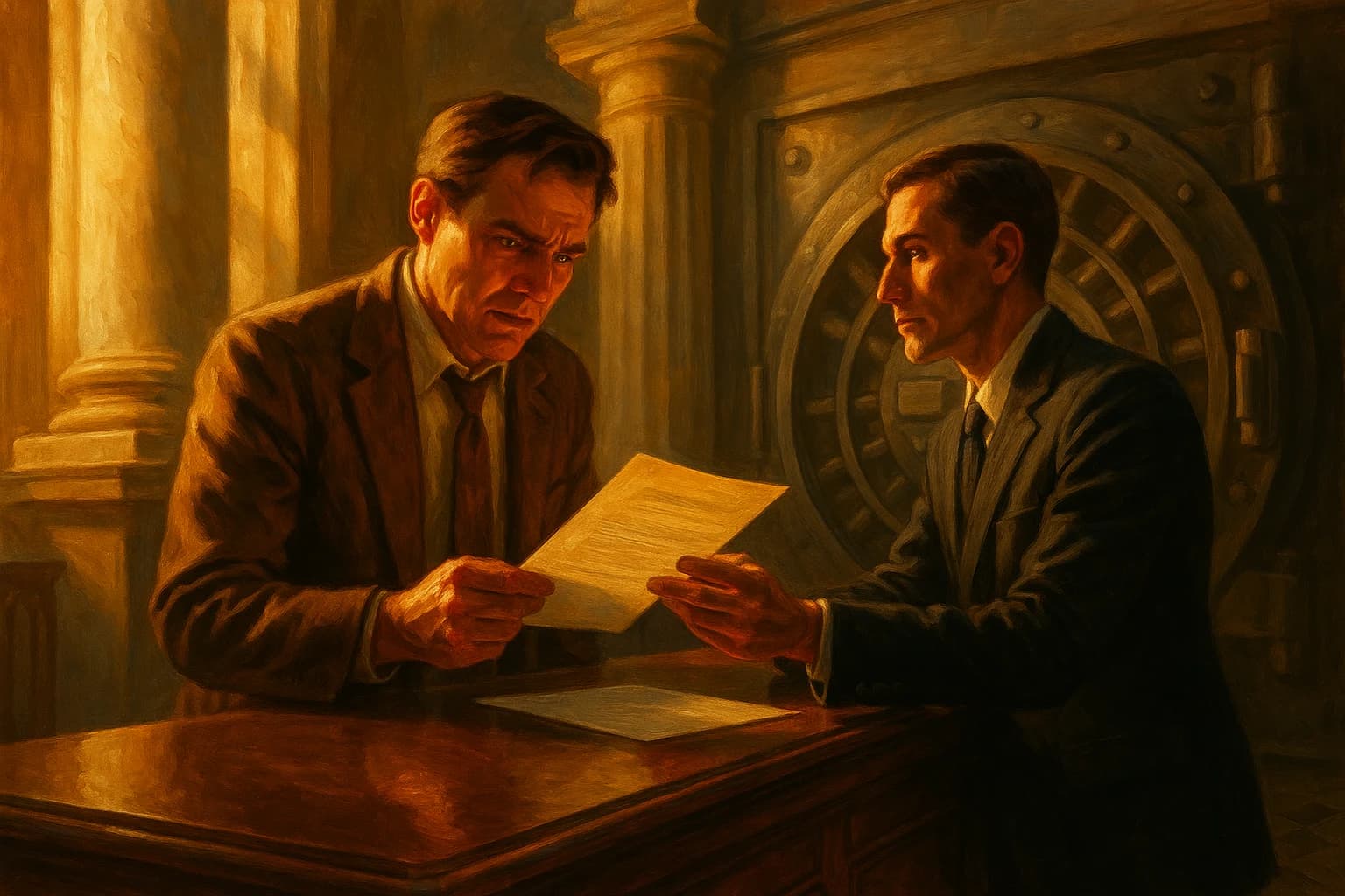 A small business owner facing a bank officer across the counter, invoices in hand