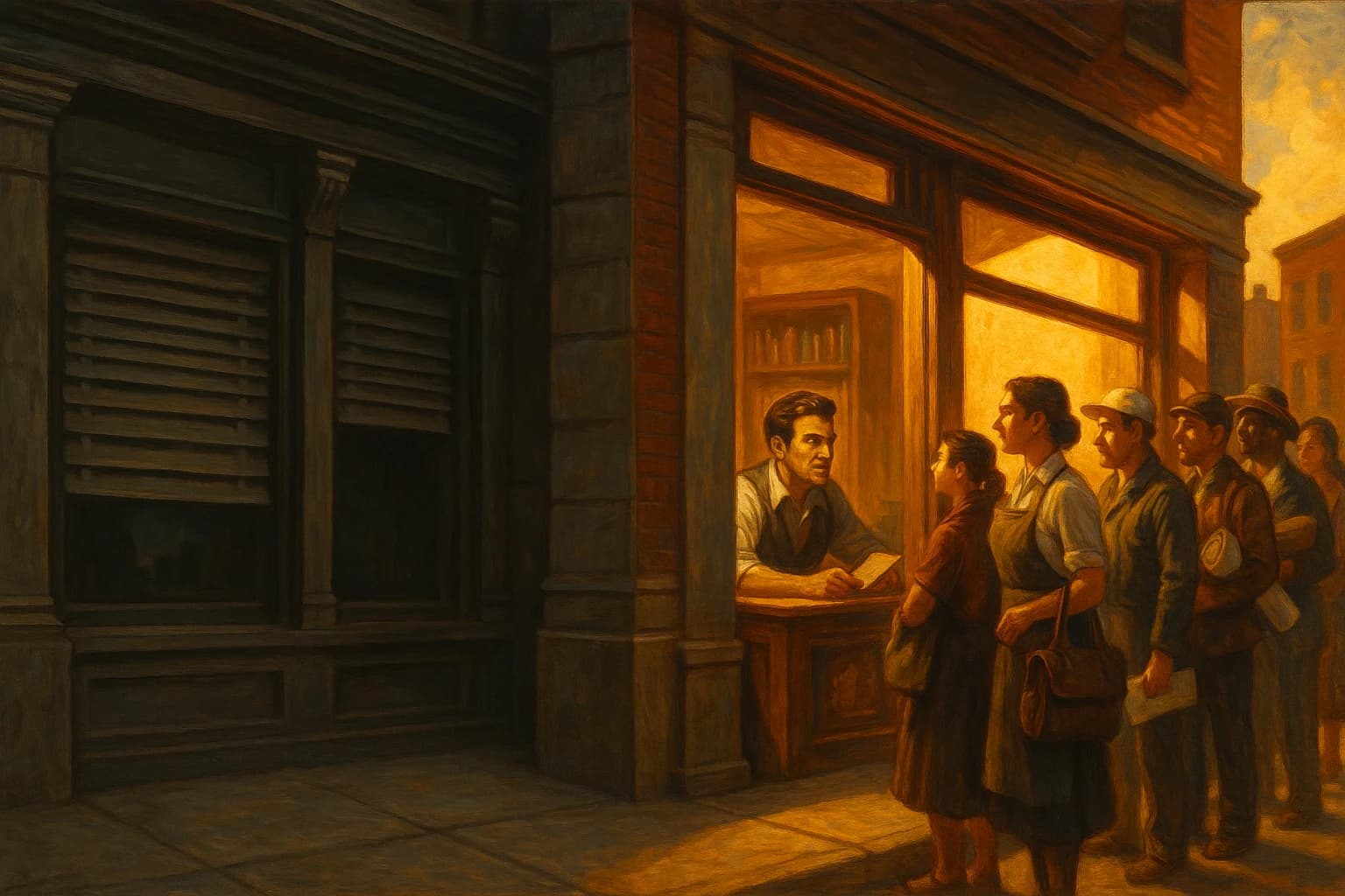 Two bankers on opposite sides of a heavy vault door, one pushing it closed, the other watching the consequences play out beyond