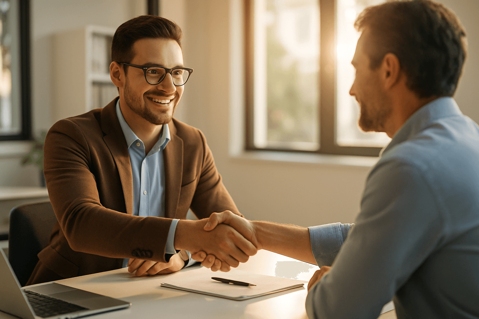 Confident salesperson shaking hands with a client across a desk in a bright modern office