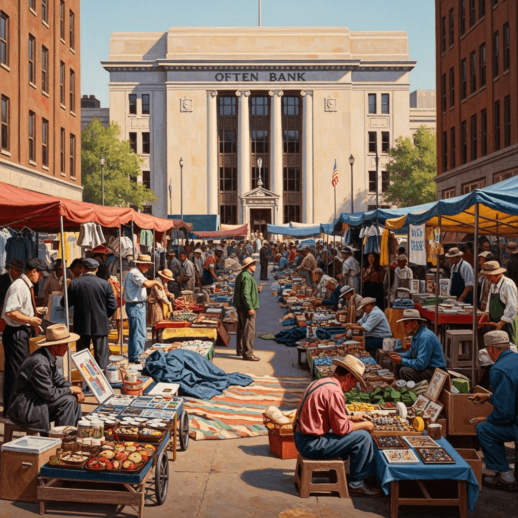 A busy American street market with cash vendors and transactions in warm sunlight, the formal bank building visible in the background, painterly Americana style