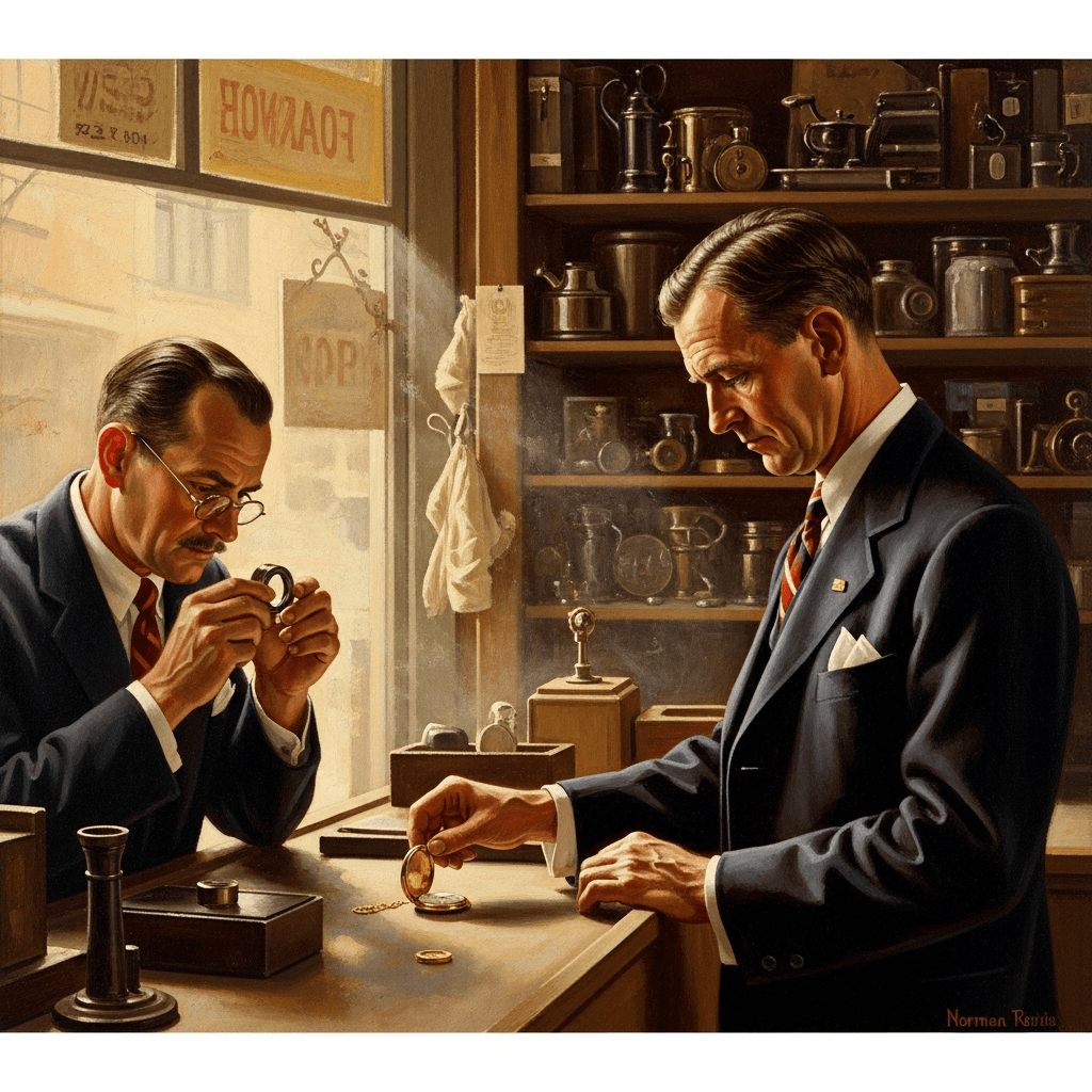 A Depression-era pawnshop with a man placing a pocket watch on the counter for the pawnbroker to evaluate, warm dusty window light, painterly Americana style