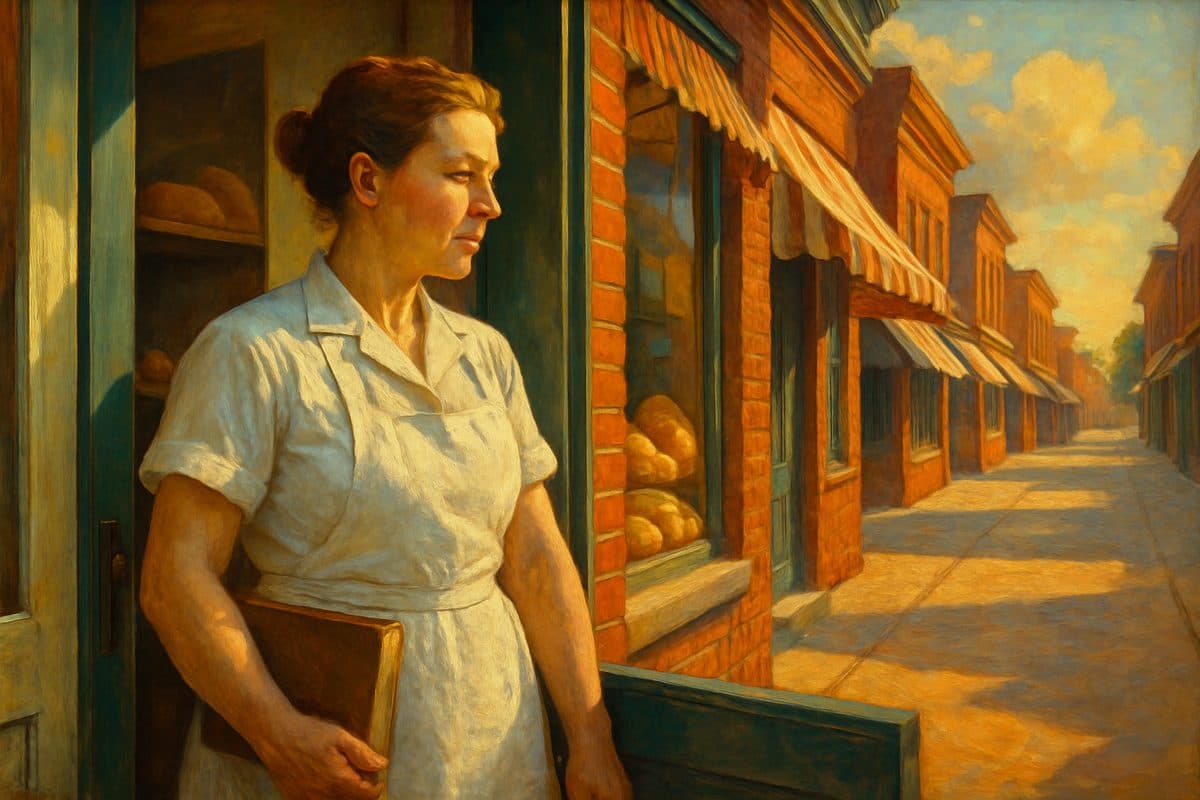 A baker in a white apron stands in the doorway of her sunlit shop at dawn, looking thoughtfully down a quiet Main Street of brick storefronts and striped awnings — the watchful first sign on a street that hasn't woken up yet