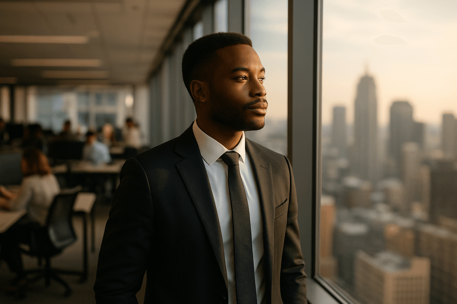 Confident salesperson standing at a window in a modern office, looking out over the city