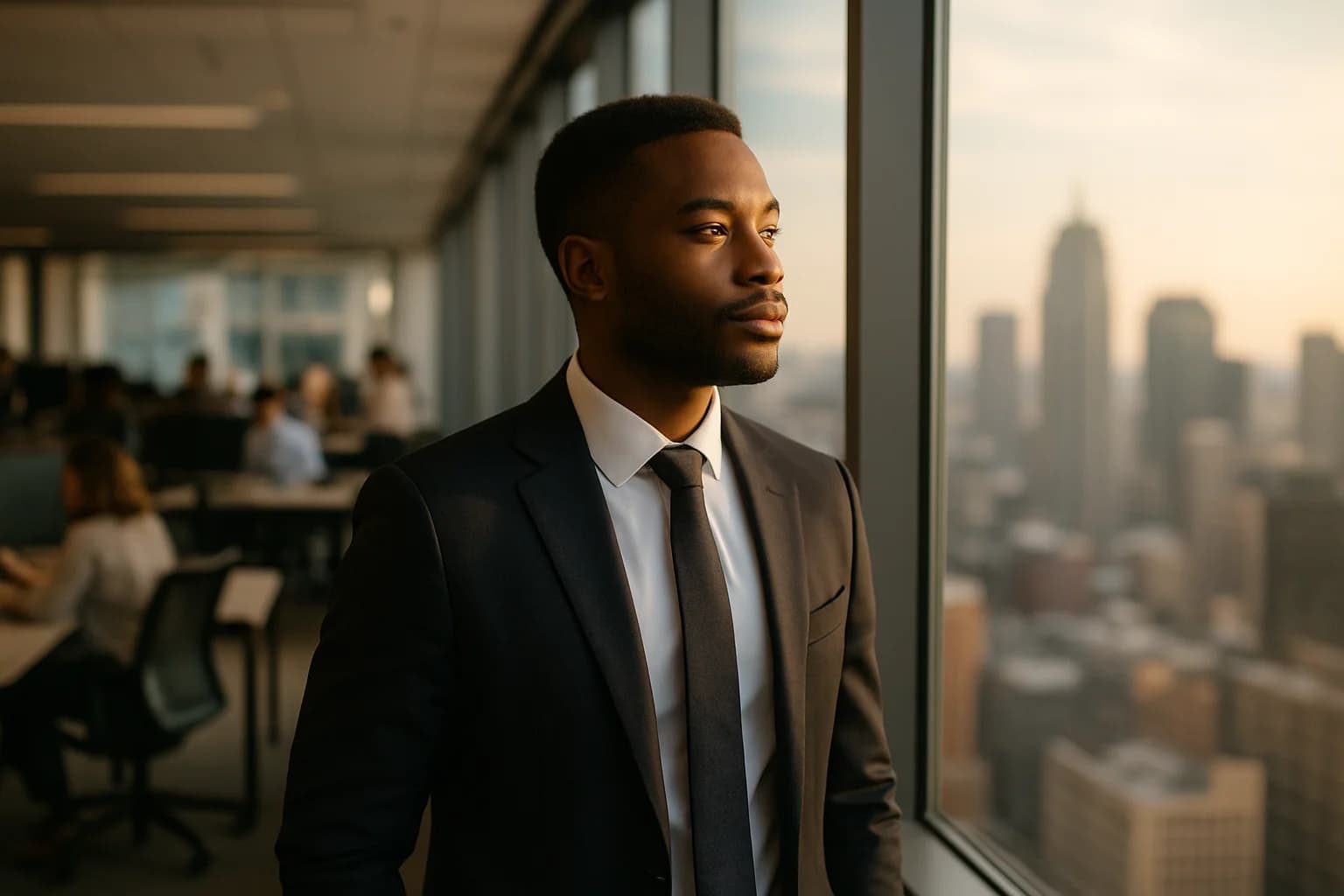 Confident salesperson standing at a window in a modern office, looking out over the city