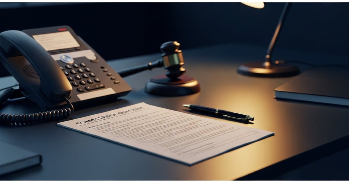 Compliance checklist and legal documents on a professional desk with a telephone