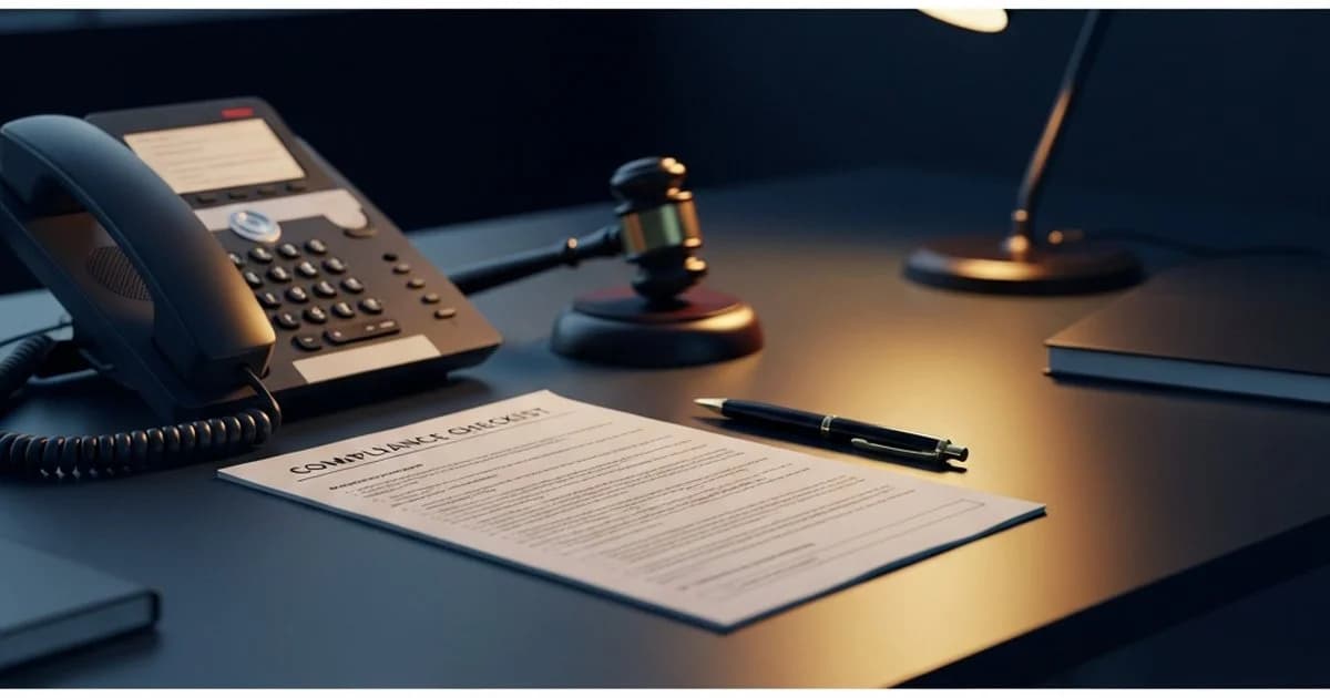 Compliance checklist and legal documents on a professional desk with a telephone