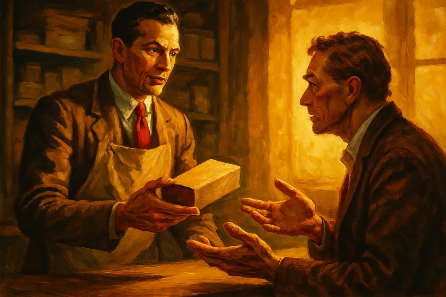 Small business owner reviewing a contract at a desk in warm afternoon light, painterly Americana style