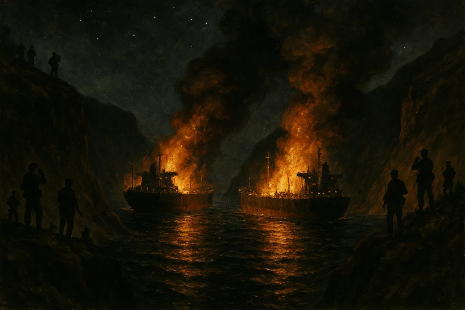 Military vessels in a narrow strait at dusk, painterly Americana style