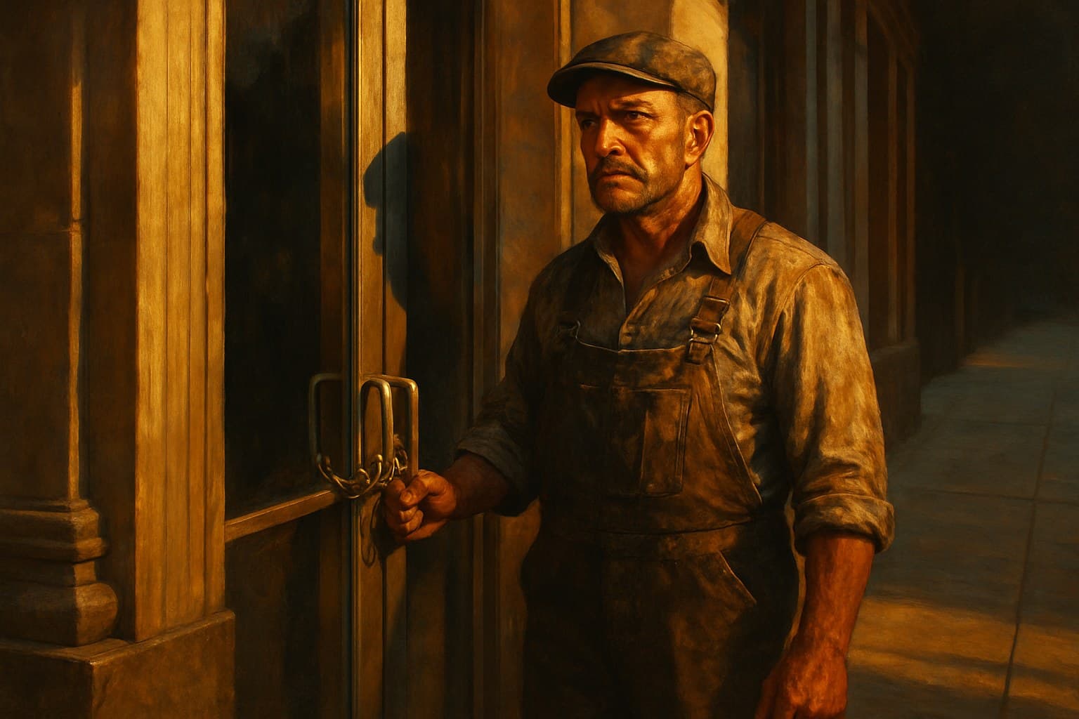A small business owner stands outside a closed bank door at golden hour — painterly Americana style