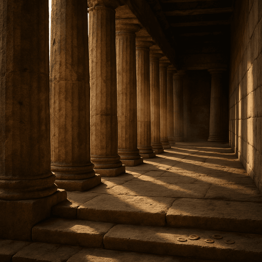 Ancient temple columns with light filtering through, coins scattered on stone steps