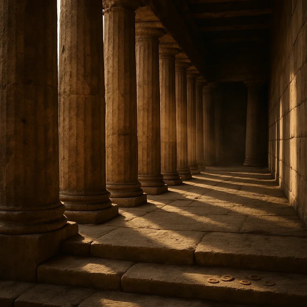 Ancient temple columns with light filtering through, coins scattered on stone steps