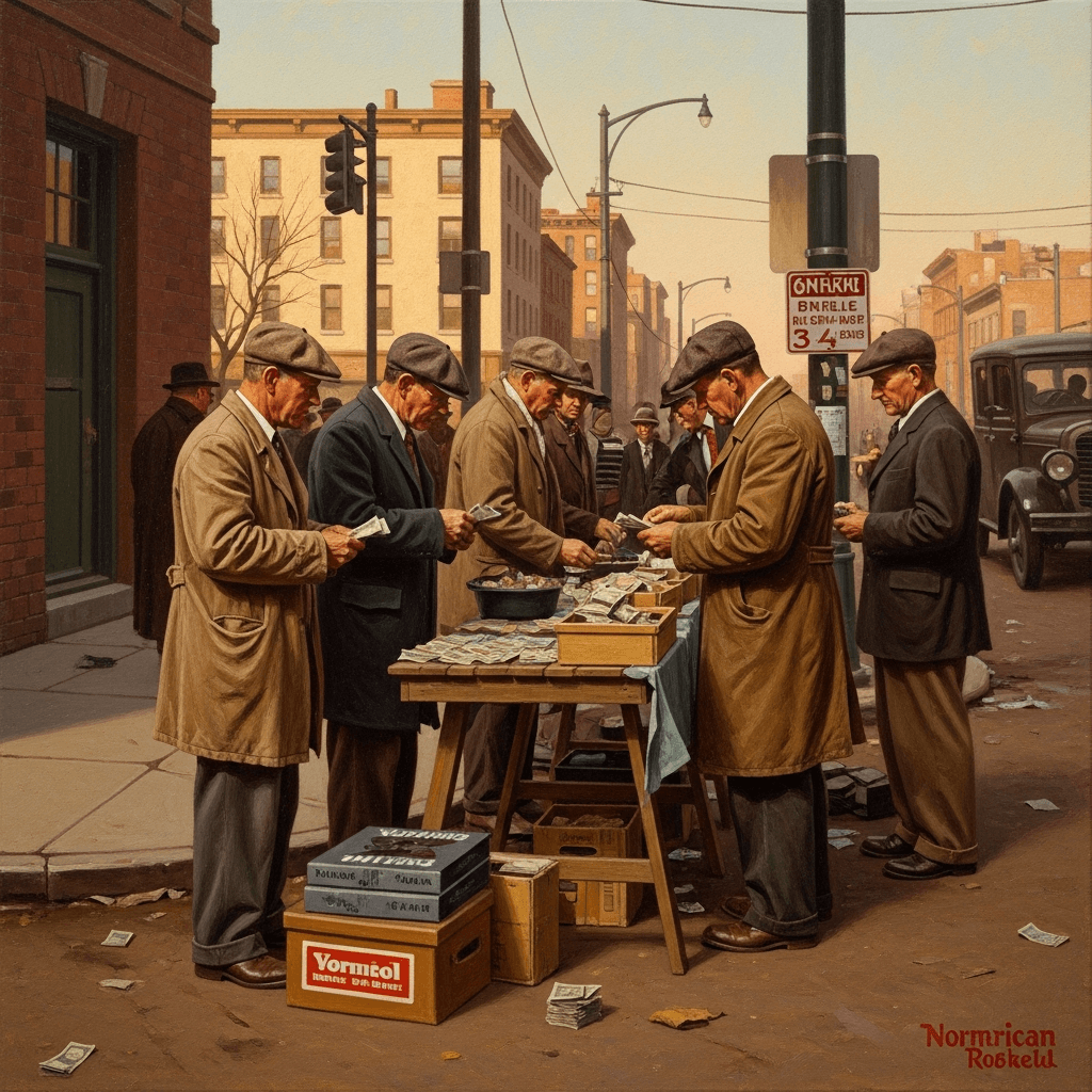 Depression-era street scene with informal traders and cash transactions at a corner market, painterly Americana style