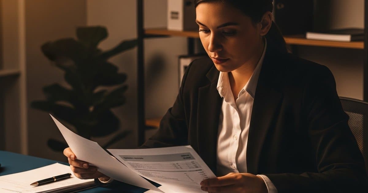 Business owner reviewing financial documents and statements at a clean desk with a calculator