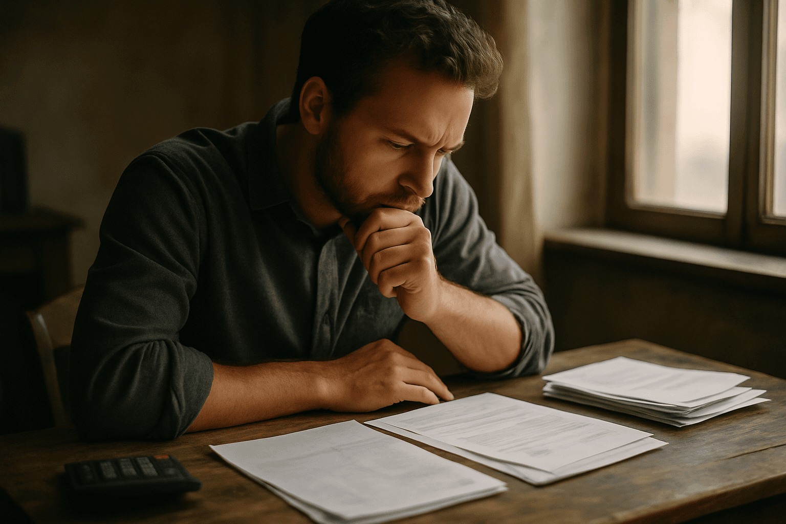 Small business owner at a desk reviewing financing options, weighing a decision