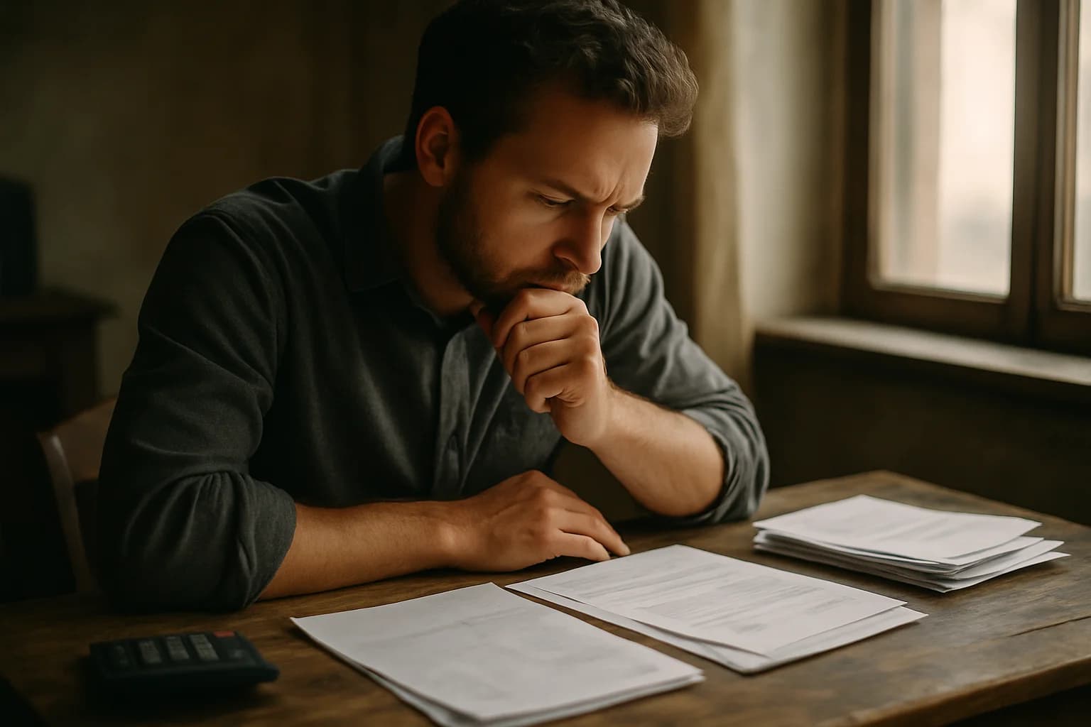Small business owner at a desk reviewing financing options, weighing a decision